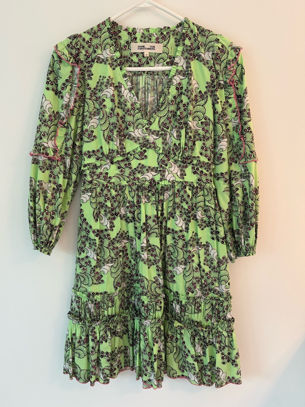 Diane Von Furstenberg Lime Green Floral Paisley Ruffle Dress